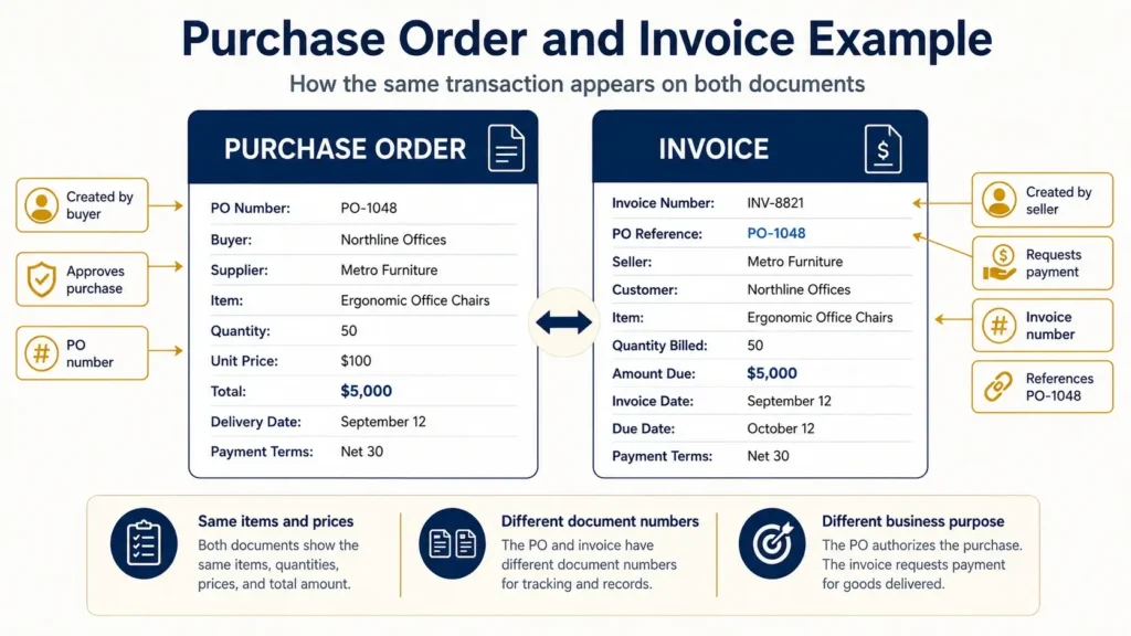 Purchase order and invoice example showing PO number, invoice number and matching details