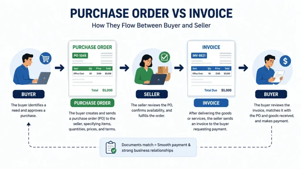 Purchase order vs invoice process showing buyer and seller document flow