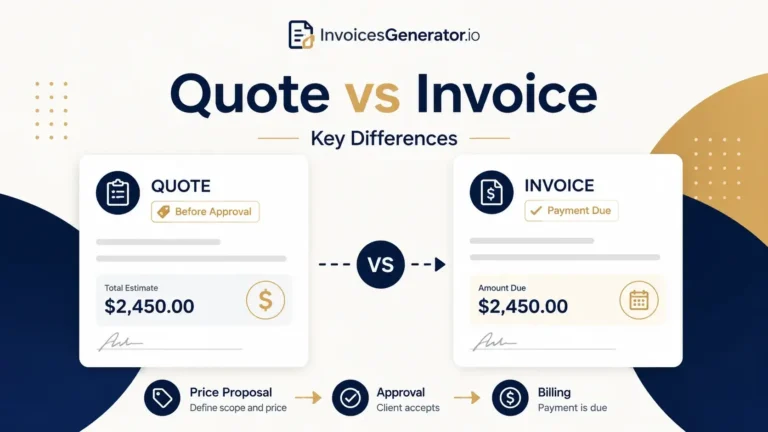 Quote vs invoice comparison showing price proposal, approval, and payment due stages.