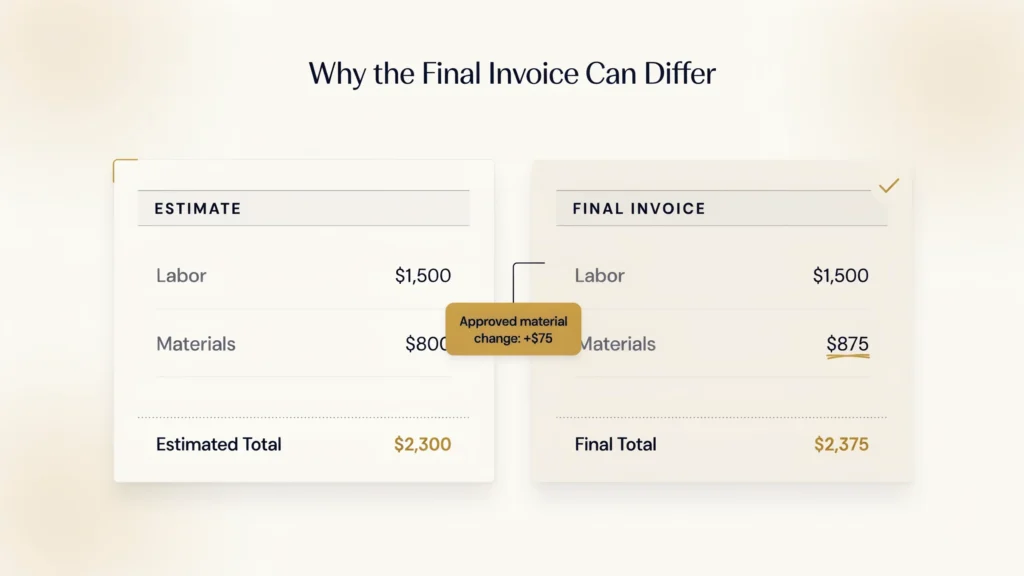 Estimate and final invoice comparison showing a higher invoice after an approved material cost change
