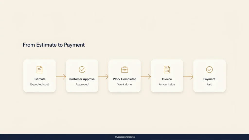 Estimate to invoice workflow showing customer approval, completed work, invoicing, and payment