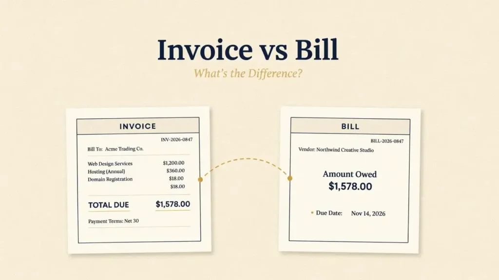Invoice vs bill comparison showing the key differences between invoices and bills in business and accounting