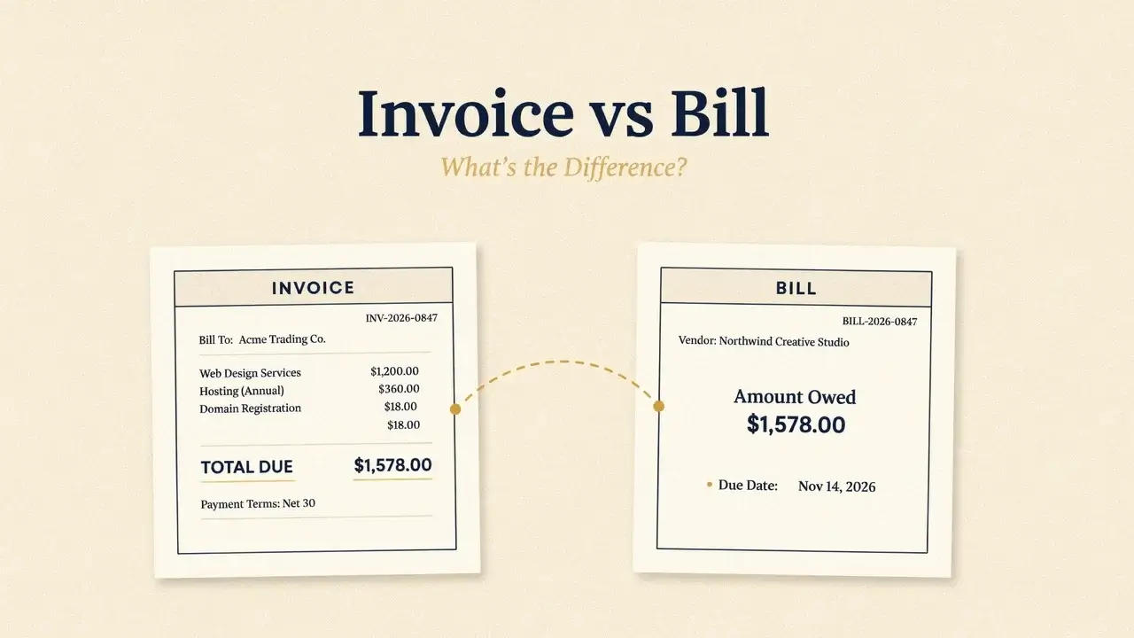 Invoice vs bill comparison showing the key differences between invoices and bills in business and accounting